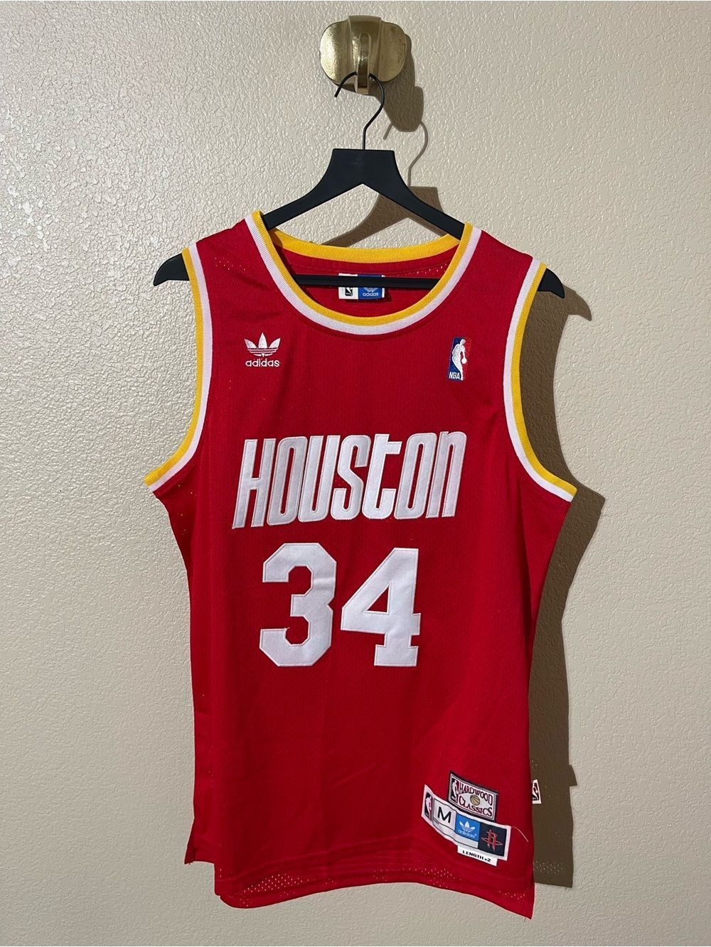 adidas Red Houston Basketball Jersey with Yellow Trim